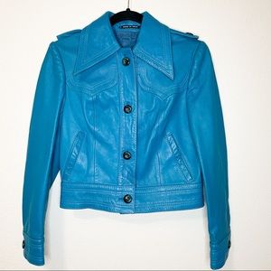 Disco collar vintage made in Spain genuine leather turquoise jacket